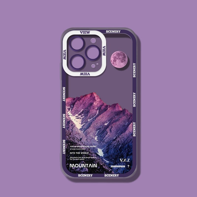 INS Purple Blue Sunset Snow Mountain Phone Case For iPhone 14 13 12 11 Pro Max XR X XS Natural scenery Shockproof Bumper Cover
