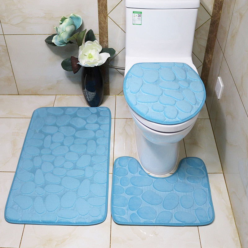 Set of 3 Bathroom Bath Mat Set Soft Non Slip 2PCS Cobblestone Mat Bathroom Rug Absorbent Shower Carpets Toilet Lid Cover Floor