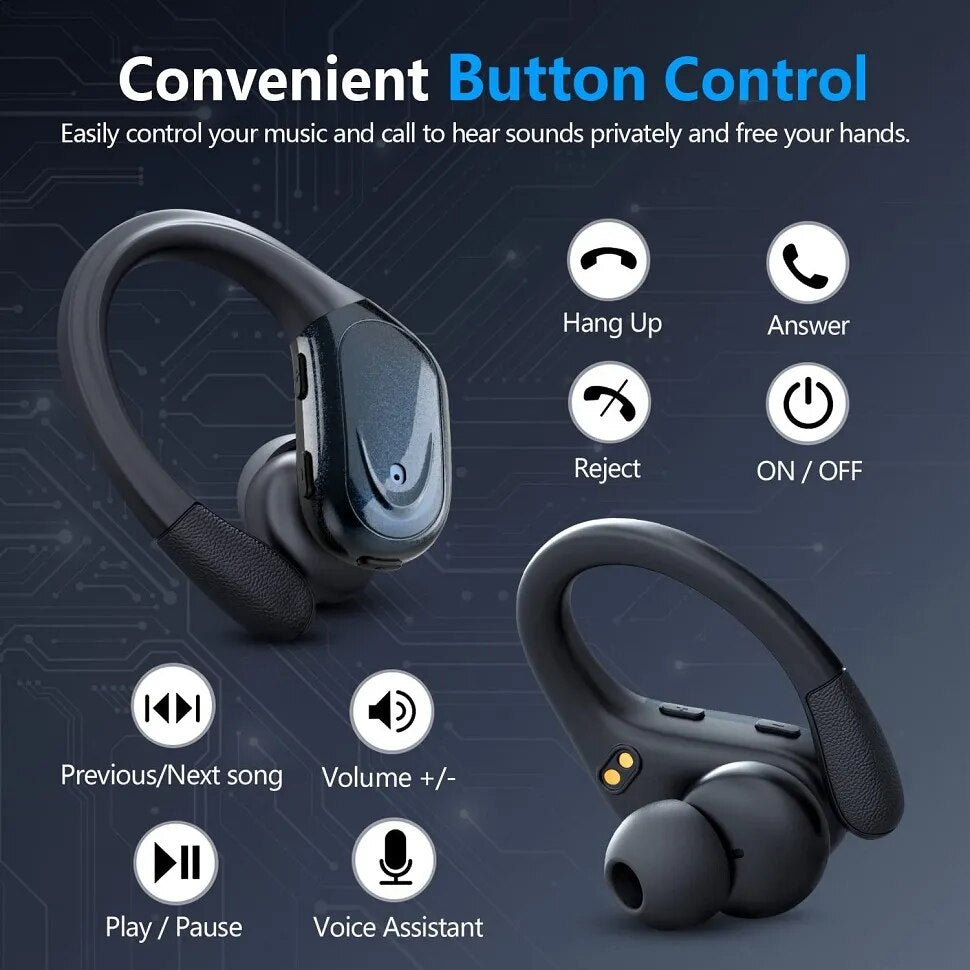 Bluetooth 5.3 Earphones True Wireless Headphones with Mic Button Control Noise Reduction Earhooks Waterproof Headset for Sports