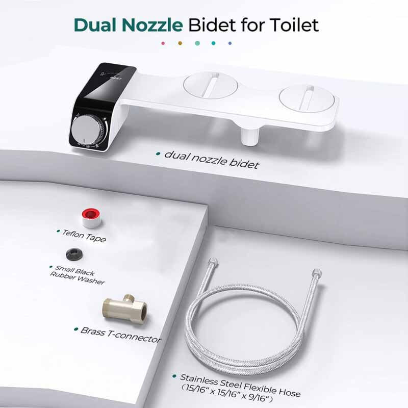 Bidet Attachment Ultra-Slim Toilet Seat Double Nozzle Spiral Adjustable Water Pressure Non-Electric Ass Sprayer With Hose