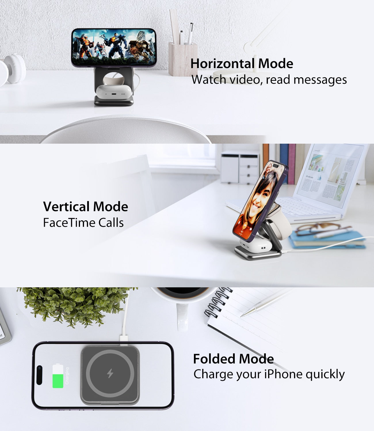 3 In 1 Foldable Magnetic Wireless Charger Stand For iPhone 14 13 12 Pro/Max/Plus, AirPods 3/2/Pro, iWatch Charging Station