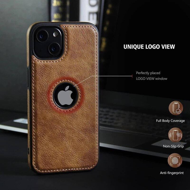 Slim PU Leather Logo Hole Phone Case For iPhone 14 Pro Max Soft Silicone Shockproof Back Cover