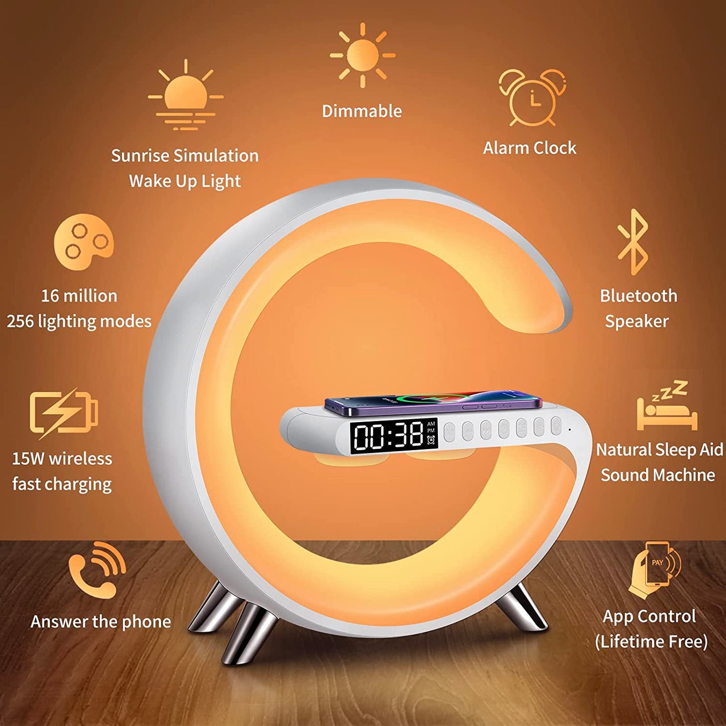 Smart APP LED RGB Night Light Atmosphere Desk Lamp Alarm Clock Speaker Wireless Charger for iPhone Samsung Room Decor Desktop