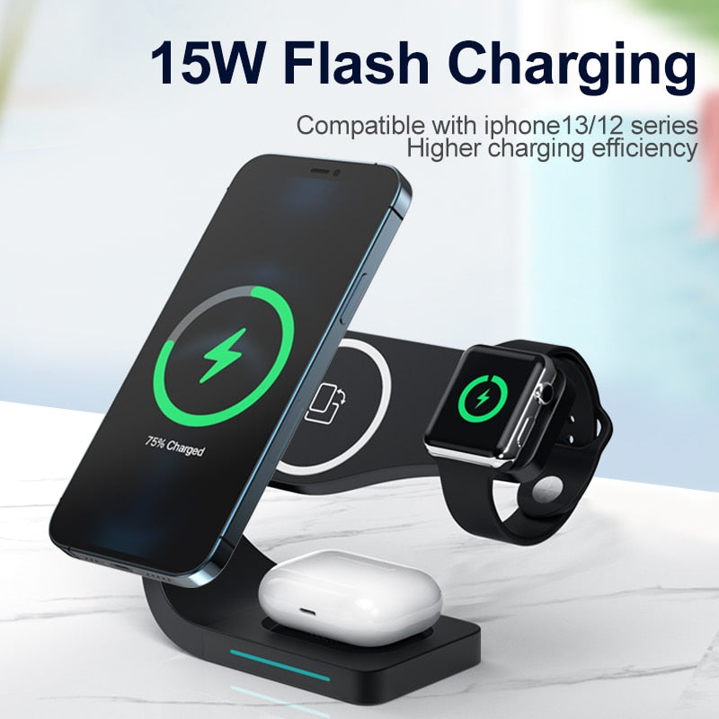 Magnetic Wireless Charger Stand 15W Induction Universal IP14 Quick Charging Dock For IPhone13 12 iWatchS1-7 SE AirPods