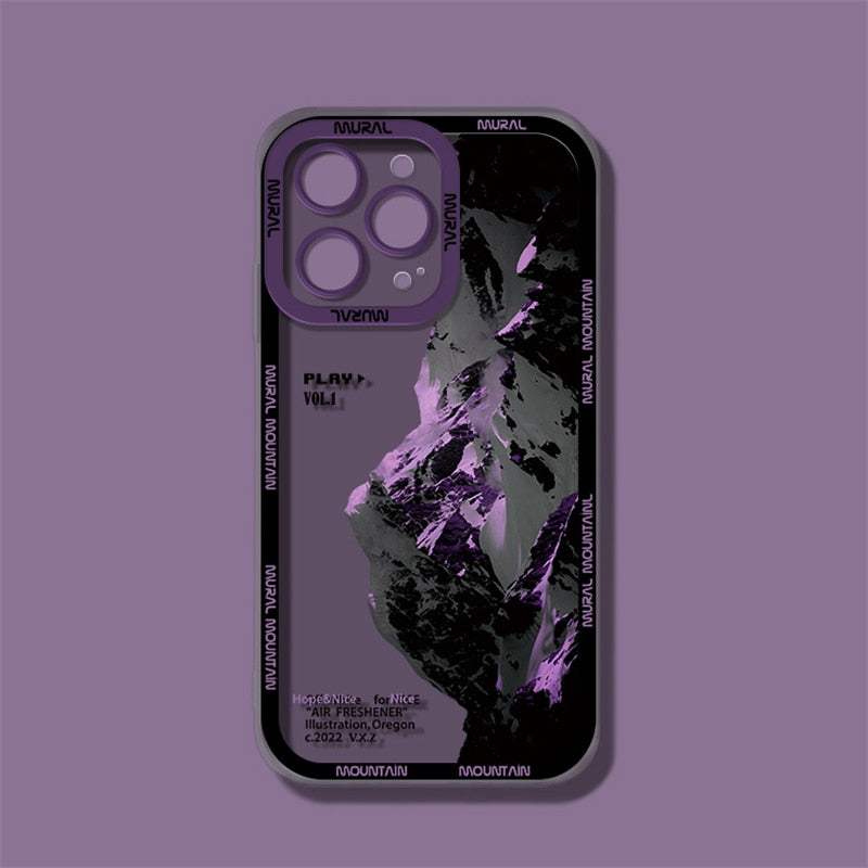 INS Purple Blue Sunset Snow Mountain Phone Case For iPhone 14 13 12 11 Pro Max XR X XS Natural scenery Shockproof Bumper Cover