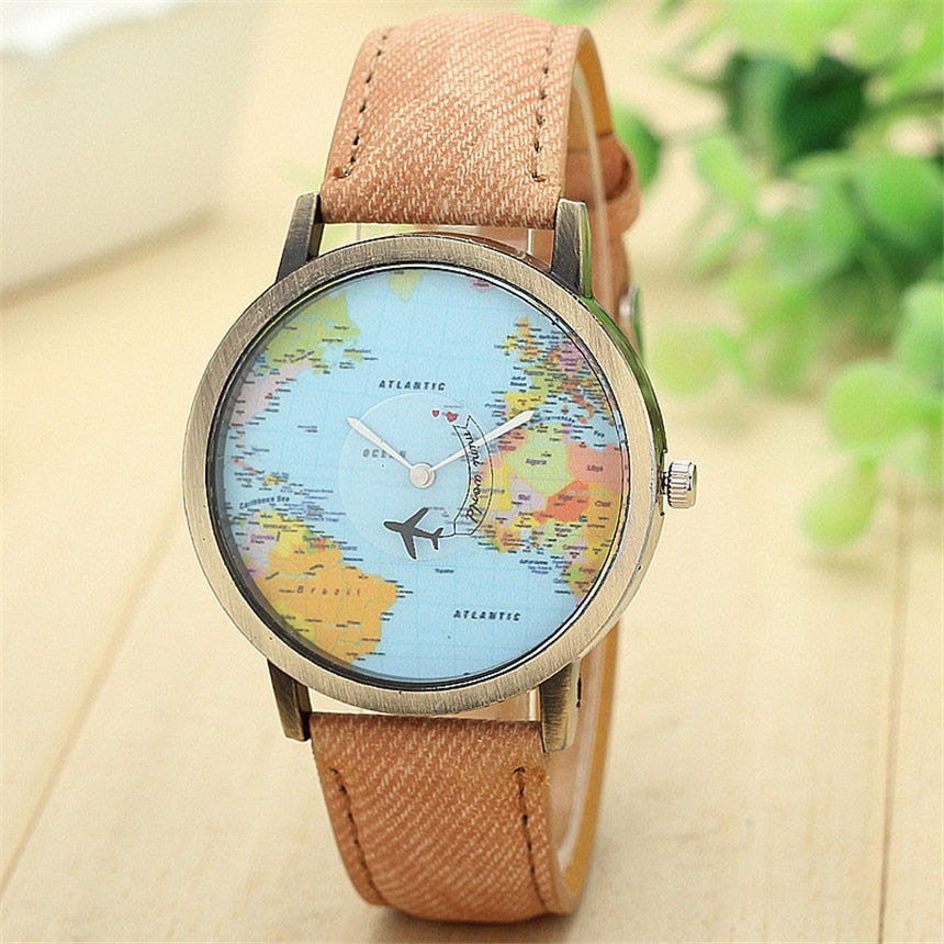 Cool Mini World Fashion Quartz Watch Men Unisex Map Airplane Travel Around The World Women Leather Dress Wrist Watches