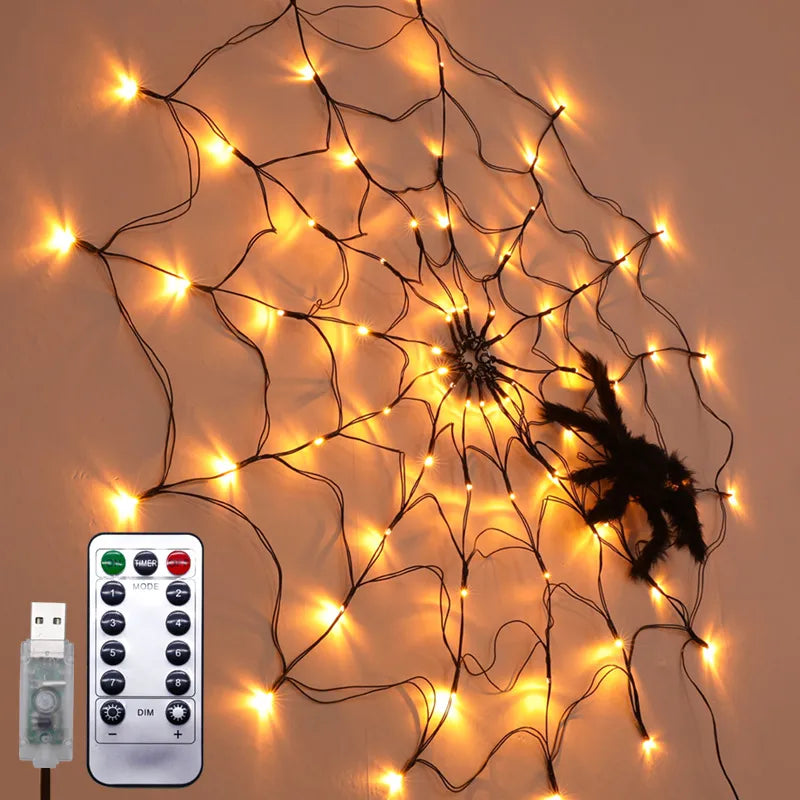 1PC Spider Web Lights String Powered By Battery or USB Scary Halloween Decoration Garland Home Party Ambient Deco Wall Net Light