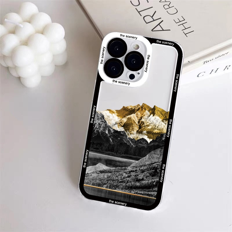 Snow Mountain landscape Transparent Phone Case For iPhone 7 8 Plus SE2 13 12 11 14 Pro Max X XR XS Cases Luxury Clear back Cover