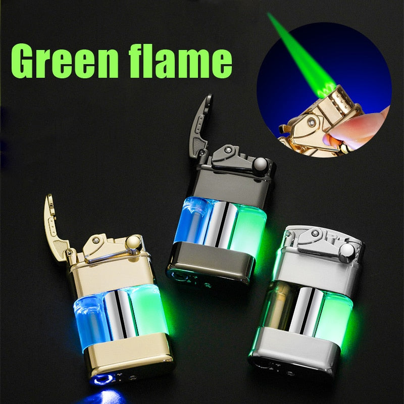 2023 New transparent air chamber quicksand windproof lighter Inflatable green flame color lamp Smoking accessories Men's tools