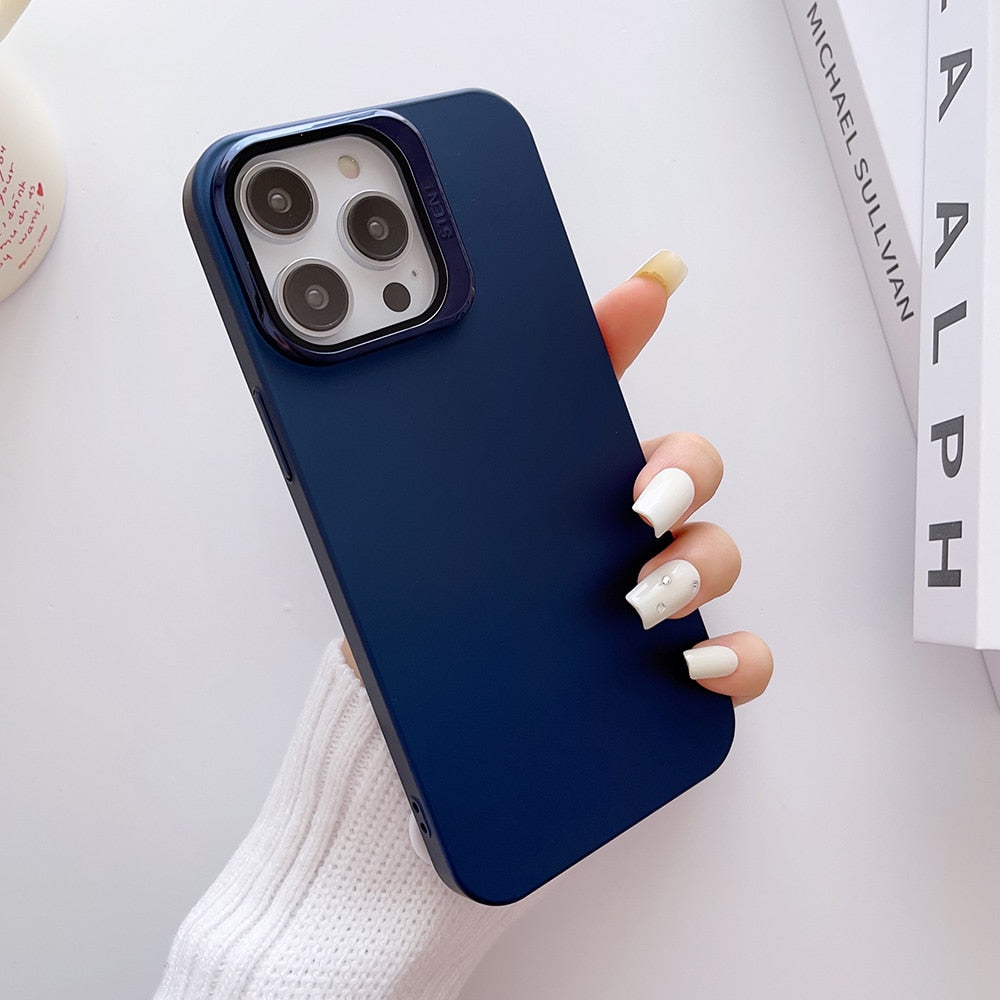 Luxury Black Blue White Matte With Glass Lens Cap Kickstand Hard Matte Phone Case For Iphone 13 Pro 12 14 Pro Max Dustproof Case