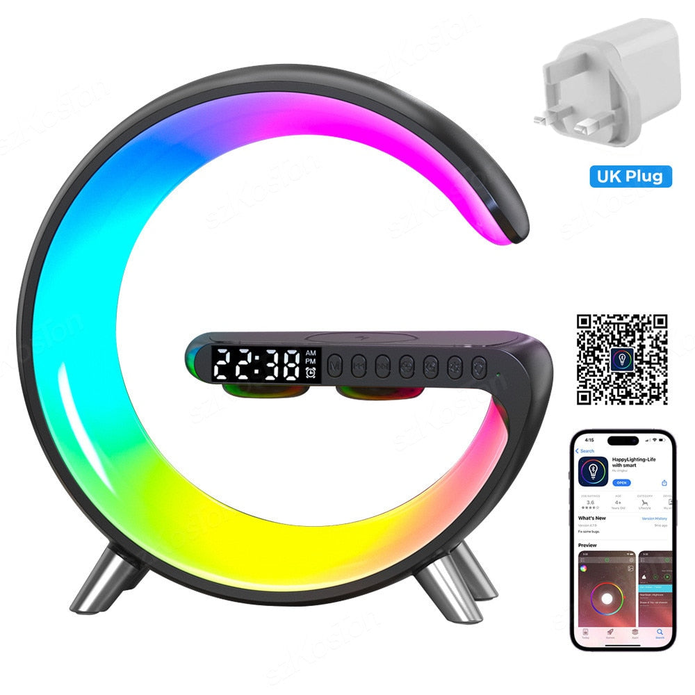 Smart APP LED RGB Night Light Atmosphere Desk Lamp Alarm Clock Speaker Wireless Charger for iPhone Samsung Room Decor Desktop