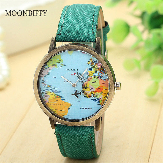 Cool Mini World Fashion Quartz Watch Men Unisex Map Airplane Travel Around The World Women Leather Dress Wrist Watches