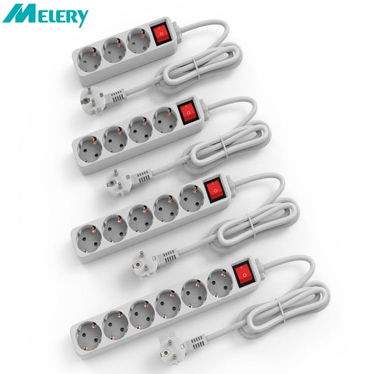 Melery Power Strip Surge Protector 3/4/5/6 AC EU Electrical Plug Outlet Socket Lead Extension Adapter Extenstion Cord Cable 1.5m